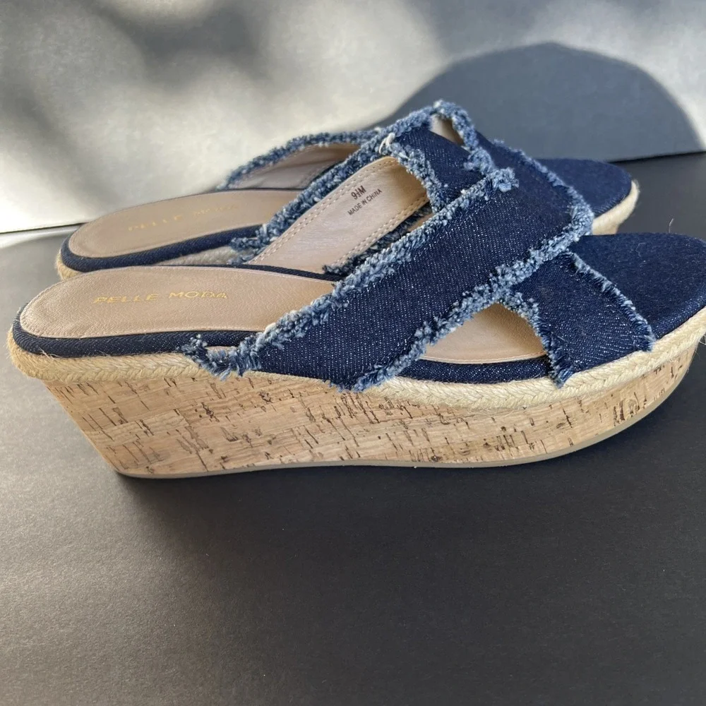 PELLE MODA Denim Frayed Blue Slip On Cork Wedge Espadrille Sandals Shoes Sz 9.5